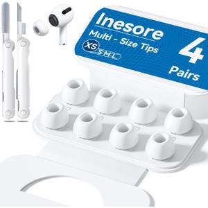 4 Pairs Replacement Ear Tips for AirPods Pro 2nd/1st Generation with Portable Storage Box & Cleaner Pen,Noise Reduction Holewith & Built-in dust Guard Screen,Silicone EarTips(White-xs/Size)