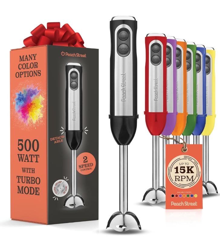 Powerful Immersion Blender, Electric Hand Blender 500 Watt with Turbo Mode, Detachable Base. Handheld Kitchen Gadget Blender Stick for Soup, Smoothie, Puree, Baby Food, 304 Stainless Steel Blades