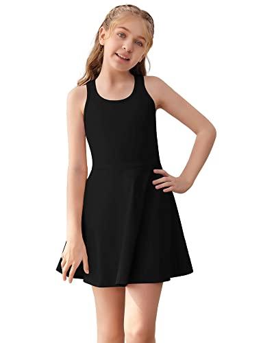 Haloumoning Girls Sleeveless Tennis Dress Kids Racerback Golf Dress School Sports Dresses Outfit with Shorts Pockets Black Size 150