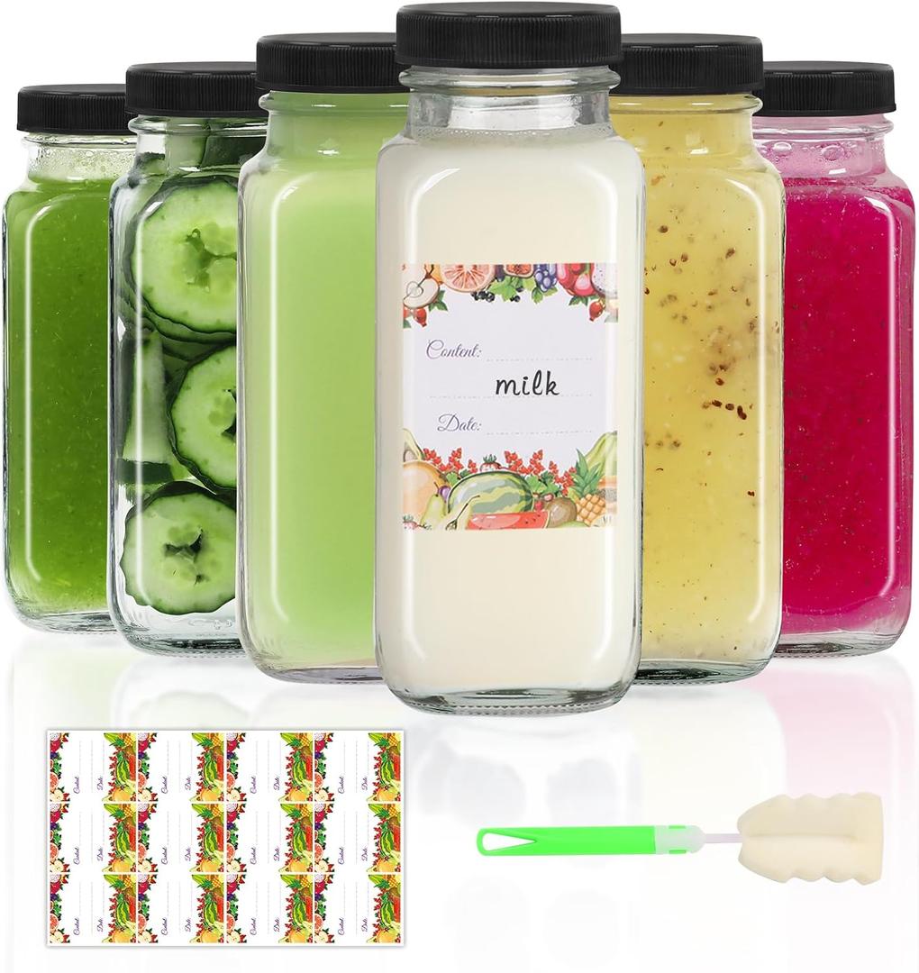 AuroTrends 8 oz Glass Bottles with Lids - 6Pack, 250ml Glass Juicing Bottles for Water, Kombucha - Portable, Reusable 8fl.oz Set of 6