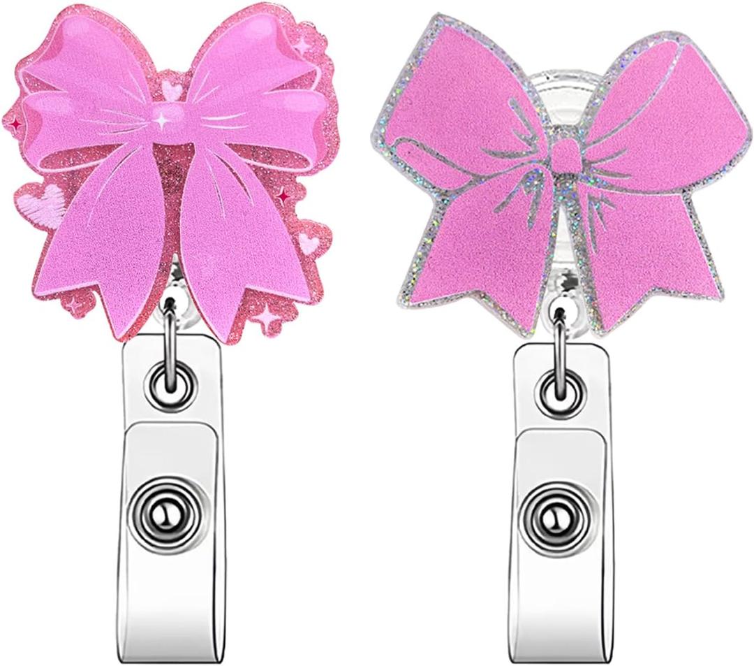 2 Pack Pink Bow Badge Reels, Cute Badge Reels Retractable with 360 Rotation, Nurse Badge Reel, Pink Badge Clip with Alligator Clip, ID Badge Holder for Nurses, Medical Worker, Nursing Student, Teacher