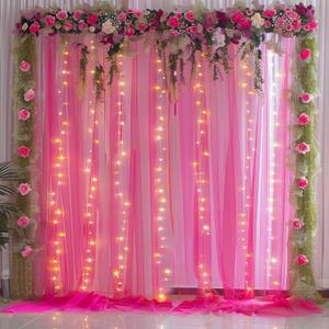 10x10ft Hot Pink Tulle Backdrop Curtain with Lights String for Parties, Sheer Backdrop Curtains for Wedding Baby Shower Birthday Party Photo Shoot Decorations (10ft x 10ft, Set of 2 Panels 5*10ft)