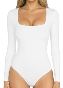 MANGOPOP Women's Square Neck Short Sleeve Long Sleeve Bodysuit Sexy Body Suits Shirt Slim Fitted Tops, White, Size S