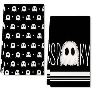 ARKENY Halloween Kitchen Dish Towels Set of 2,Black Ghost Bowknot 18x26 Inch Drying Dishcloth,Farmhouse Home Decoration AD132