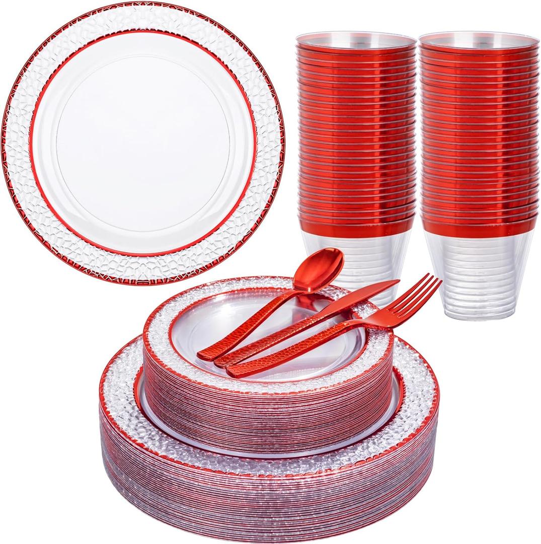 Ciaell 150 PCS Red Plastic Plates  Clear Hammered Disposable Plates with Red Rim include 50Plates, 25Forks, 25Knives, 25Spoons, 25Cups for Wedding & Party & Anniversary