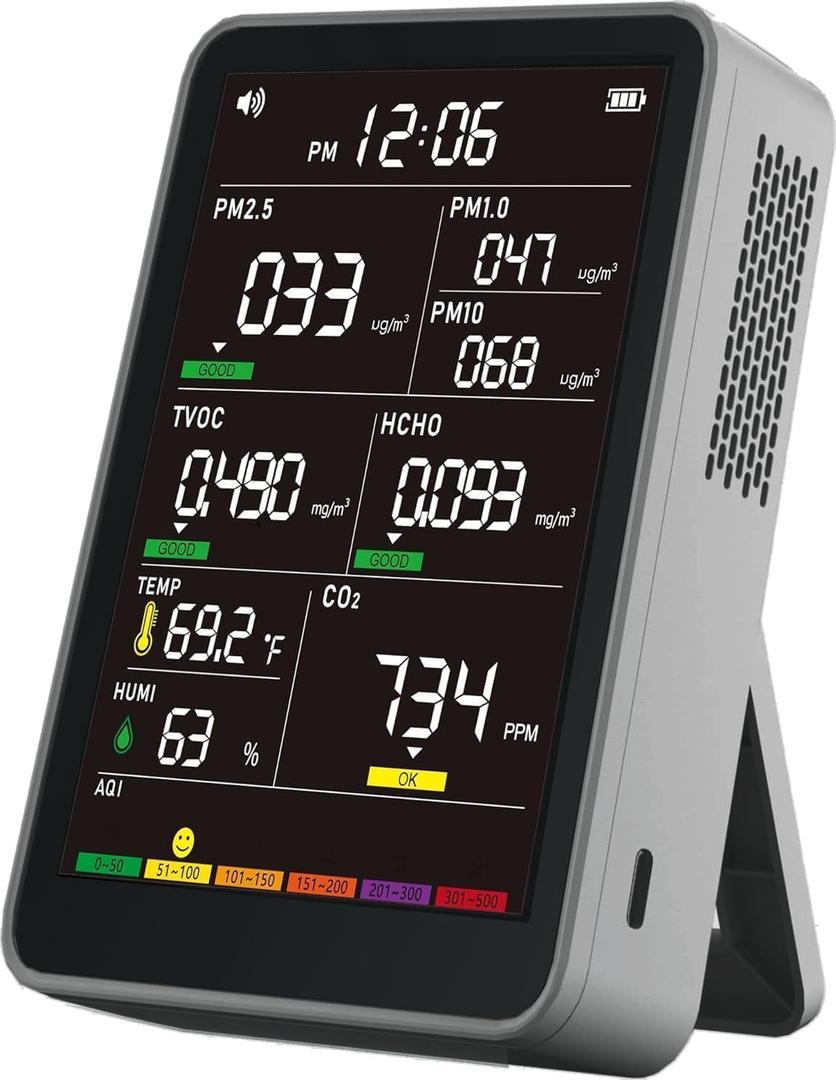 Professional Indoor Air Quality Monitor with AQI Alerts, Portable Real-Time Detector for Home, Car, Plants & Pet (DARK GREY)