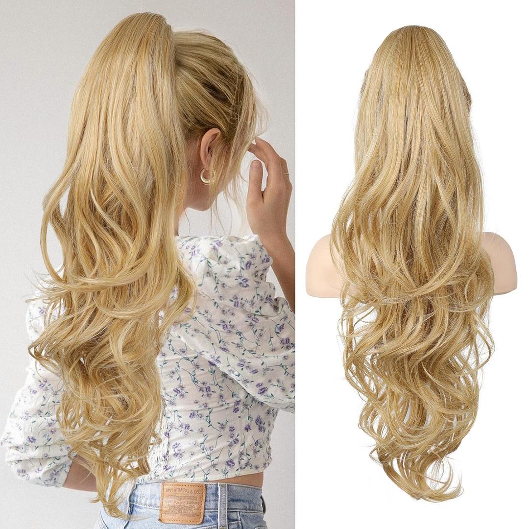 Flufymooz 26" Ponytail Extension, Long Wavy Curly Claw Clip in Ponytail Hair Extensions, Natural Synthetic Hairpiece for Women Daily Wear (Golden Blonde with Highlight)
