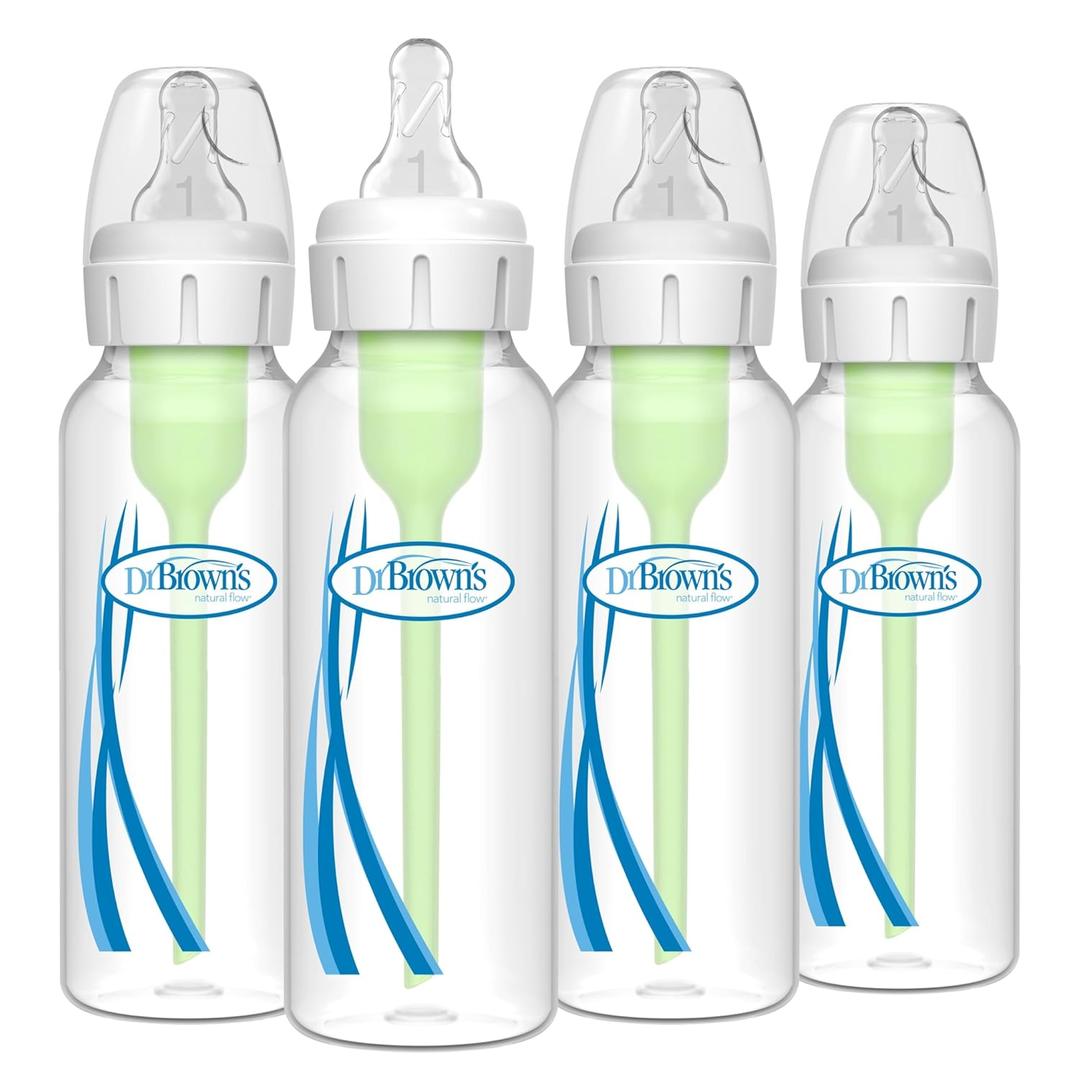 Dr. Brown's AntiColic Options+ Narrow Glass Baby Bottle with Level 1 Slow Flow Nipple, BPA Free, 8 oz/250 mL, 0m+, 4Pack 