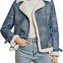 DIASHINY Women's Faux Shearing Fur Winter Coat Warm Thick Fur Lined Faux Leather Jacket (177 Denim Blue, Small)