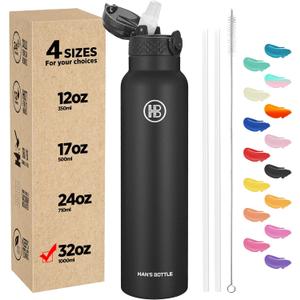 Han's Bottle Sports Water Bottle - 32 Oz, Straw Lid, Leak Proof, Vacuum Insulated Stainless Steel, Double Walled, Thermo Mug,Black (Balck)