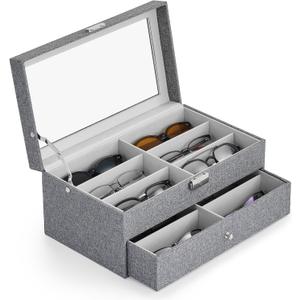 CO-Z Sunglasses Organizer with 12 Slots, Linen Eyeglasses Storage Box for Women Men, 2 Story Lockable Display Case for Multiple Glasses, Sunglasses Jewelry Collection Holder with Drawer, Grey