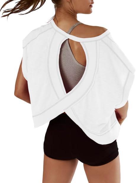 Kumufenc Women Short Sleeve Workout Shirts Open Back Tops Casual Yoga Y2k Athletic Gym Slouchy Crop Running Tees (White, L)