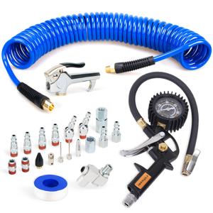 22 Pieces Air Compressor Accessories kit, 1/4 inch x 25 ft Recoil Poly Air Compressor Hose Kit, 1/4" NPT Quick Connect Air Fittings, Tire Inflator Gauge, Blow Gun, Swivel Plugs