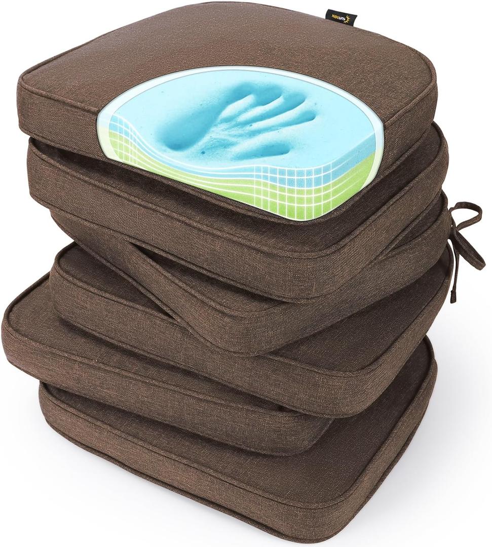 SUNROX Gel Memory Foam Chair Cushions, FadeShield Water-, Stain-Resistant Durable Reversible Seat Cushion Pads with Ties for Indoor/Outdoor Kitchen Dining Office 17"x16" Set of 6, Heather Chestnut