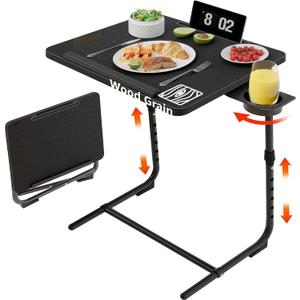 Adjustable TV Tray Black Dinner - Folding Trays for Eating On Couch Wooden Tables Mate Stand Foldable Desk with Cup Holder Portable