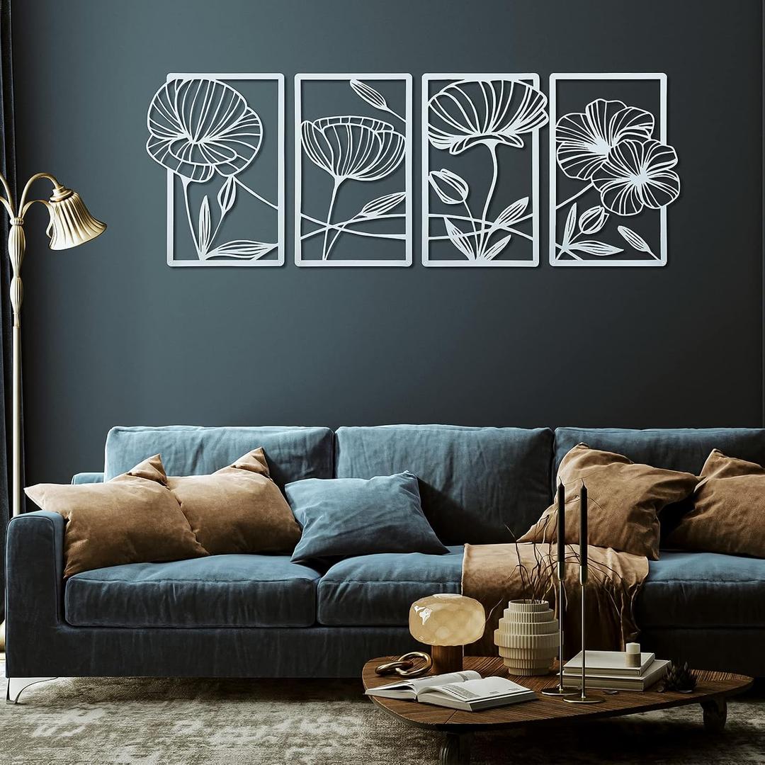 4 Pcs Metal Wall Art 16.5 x 11.8'' Line Art Wall Decor Floral Minimalist Decor Hanging Flower Aesthetic Modern for Living Room Bedroom Bathroom Kitchen Decoration(White)