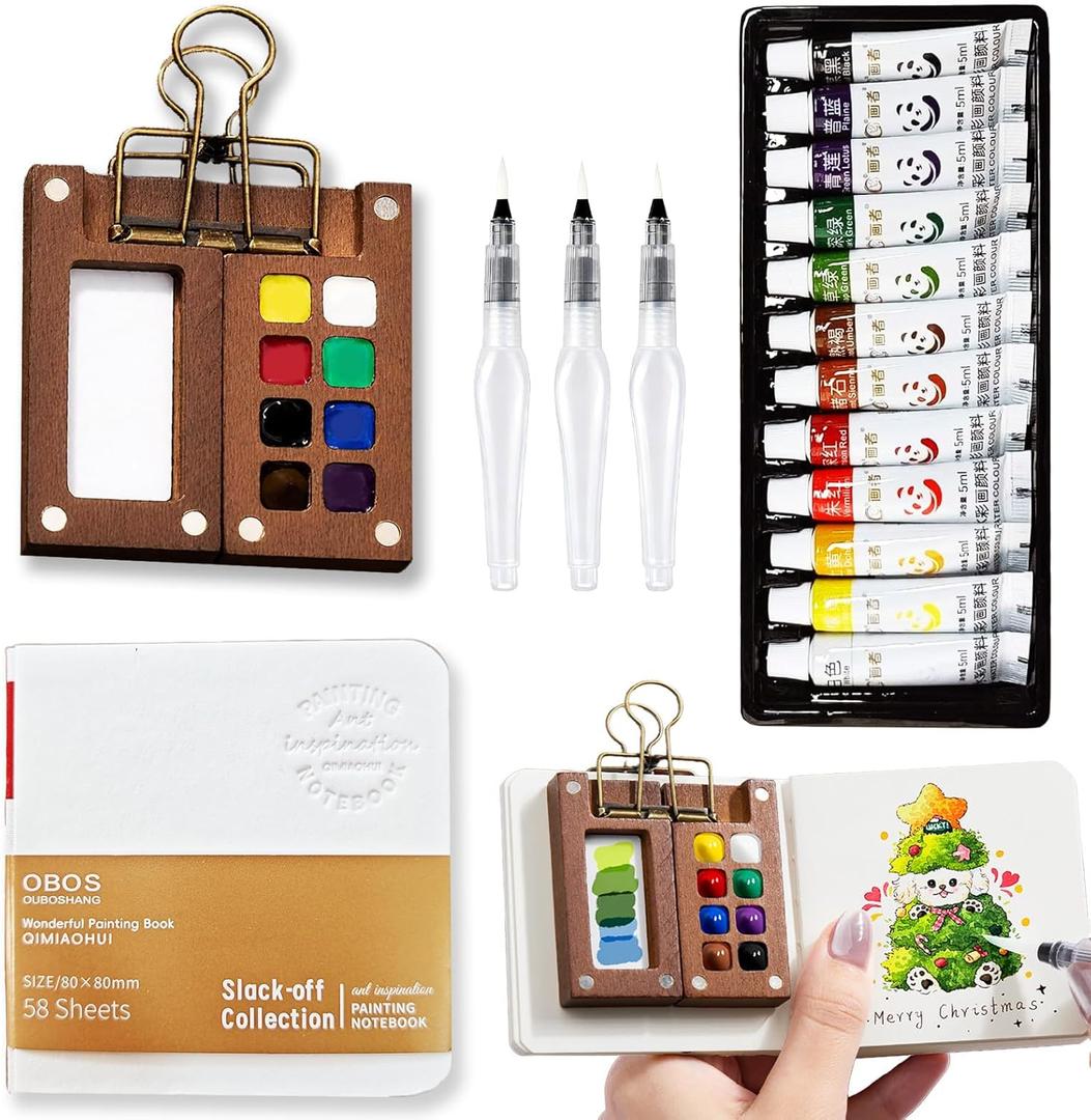 MUZMDNI Mini Watercolor Paint Set Portable, Travel Grid Paint Palette Box with Binder Clips Include Paint, Brush*3 and Picture Album Art Materials Coloring Markers for Travel, Creative Drawing Kit for Beginners and Art Enthusiasts(Brown Wood-S)