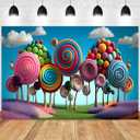 3D Candyland Birthday Background Cartoon Candy Lollipop Colorful Mountain Fantasy Wonderland Sweet Cute for Kids Girl 1st One Birthday Background Cake Table Vinyl Backdrop (Blue, 8x6feet)