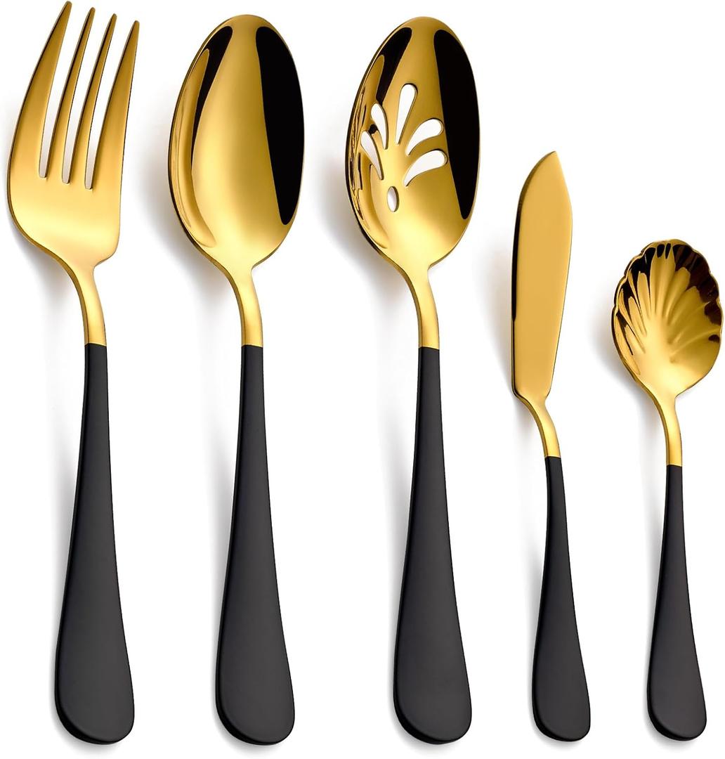 10-Piece Black & Gold Flatware Serving Set, 18/0 Stainless Steel Colorful Handle, Includes Serving Fork, Solid & Pierced Serving Spoon,Sugar Spoon,Butter Knife,Mirror Polished,Dishwasher Safe
