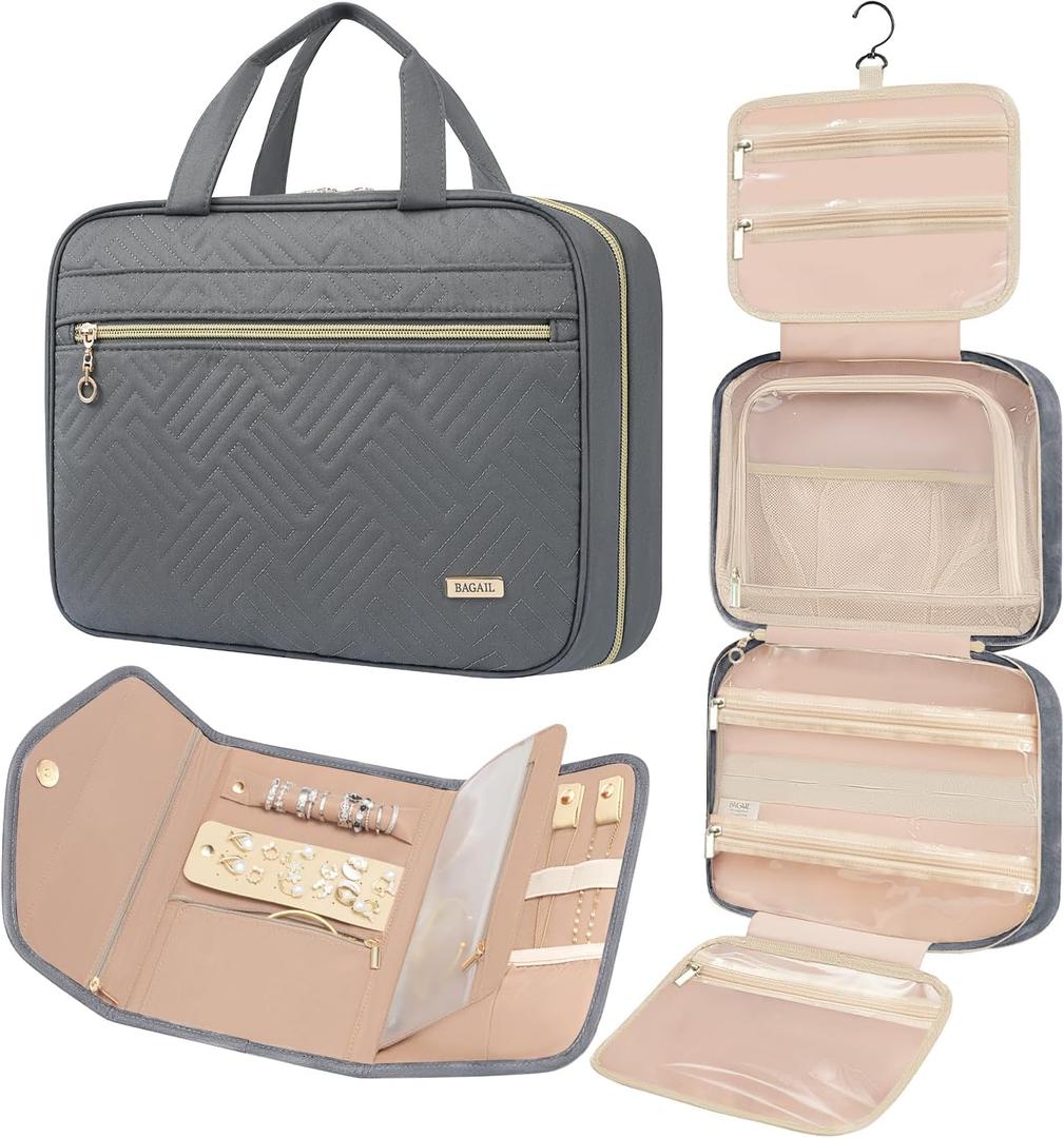 2 x BAGAIL Hanging Toiletry Bag for Women Water-resistant Cosmetic Bag Large Capacity Travel Makeup Organizer for Full-Sized Travel Essentials(Classic+Jewelry Bag, Grey)