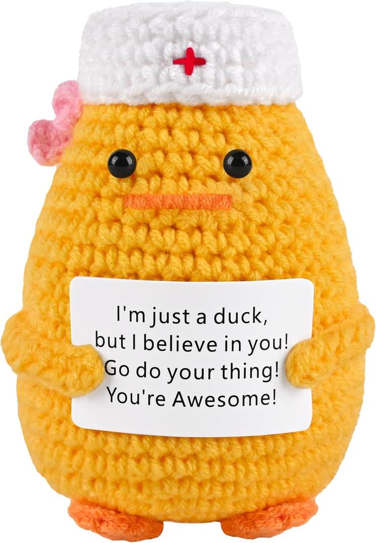 Handmade Nurse Duck Crochet Figurine with Positive Card – Cute Desk Decor with Pink Bow – Nurse Appreciation Gift for Nurses, Medical Students & Coworkers