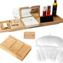 Bathtub Tray Table with Mirror and Bath Pillow, Expandable and Foldable Bamboo Bath Tray for Tub Soft and 4D Mesh Bathtub Pillow Luxury Bath Accessories Spa Gifts