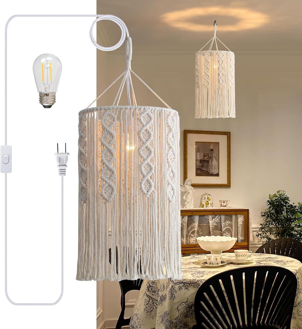 Boho Lamp Shade,Boho Hanging Lamp Handmade Macrame Lamp Shade Plug in Pendant Light,Bohemian Hanging Lights with Plug in Cord Light Fixtures for Boho Bedroom Decor Living Room (Type5)