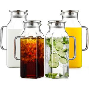 Netany 4 Pack 2 Liters/68 oz Square Glass Pitcher with Lid and Handle for Fridge, Iced Tea and Coffee Carafe Beverage Serveware, Heat Resistant Borosilicate Water Jug for Hot/Cold Drinks and Milk