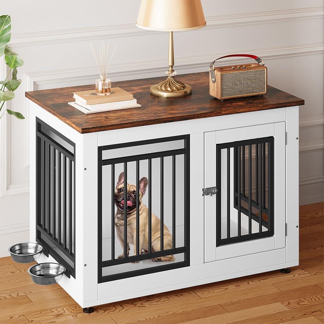 YITAHOME 35" Dog Crate Furniture, Wooden Side End Table with Adjustable Feet and Removable Bowls, Dog Kennel Indoor for Small Medium DogsV (35"L x 20.4"W x 25.2"HV)