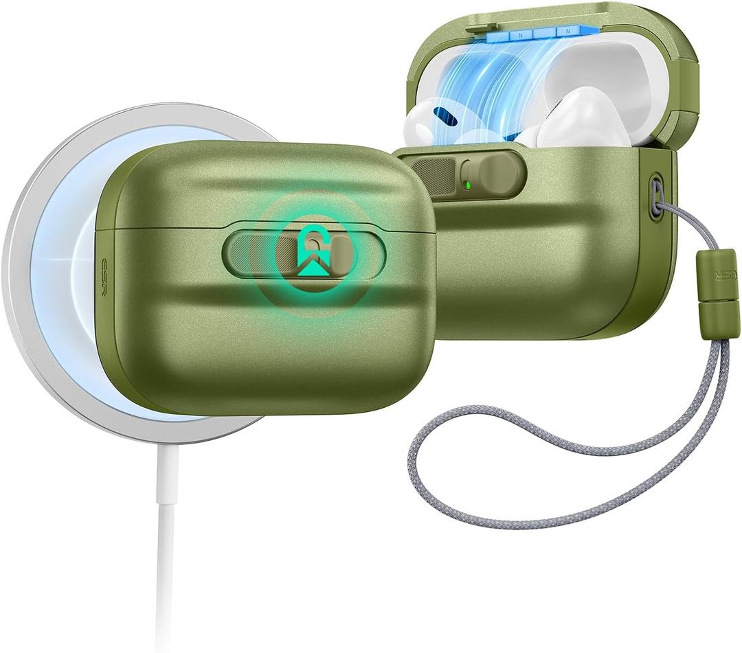 ESR for AirPods Pro 3 Case (2025), Compatible with AirPods Pro 3 (USB-C Cable), MagSafe Ready, Magnetic Lid Lock, Full Drop Protection Cover with Lanyard, Green