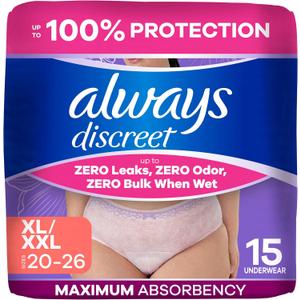 Always Discreet Adult Diapers for Women, Incontinence Underwear, Postpartum Essentials, Disposable Briefs, Max Absorbency, Bladder Leak Protection, Extra Large/XL, 15ct