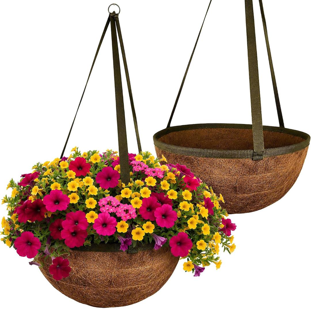 15 Inch Handmade Coco Fiber Hanging Basket 2 Pack - Hanging Planter for Outdoor Plants - Natural Boho Rustic Coconut Coir Oversize Decorative Flower Pot Holder for Porch Patio Balcony Garden, 15" Diameter