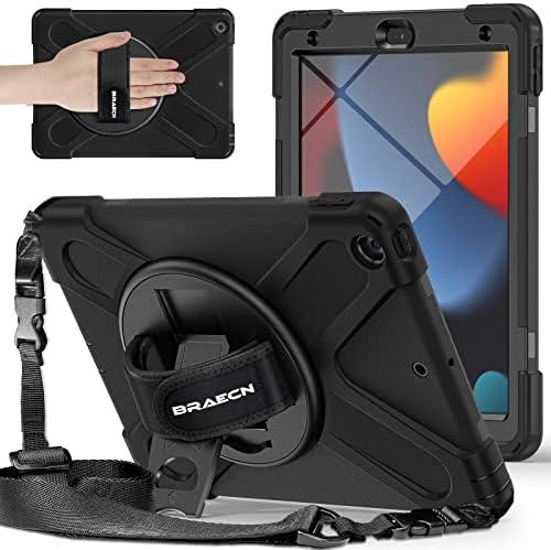 BRAECNstock for Apple iPad 9th/8th/7th Generation Case 10.2" 2021/2020/2019 Shockproof Protective iPad 10.2 inch Case with Screen Protector, Rotating Stand+Hand Strap, Shoulder Strap, Black