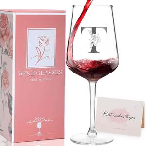 Mothers Day Gift for Mom, Grandma & Wife, Initial Letter T Wine Glass Gift for Women, Elegant Monogram Wine Glass with Gift Box, Unique Birthday Gift for Her, Sister, Best Friend, A-Z Letters