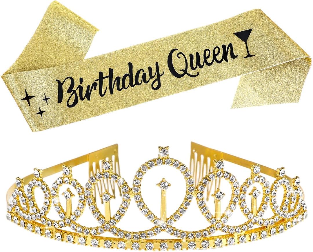 Gold Birthday Queen Sash and Crown Set, Birthday Queen Sash for Women, Birthdays Tiaras and Sashes for Decorations