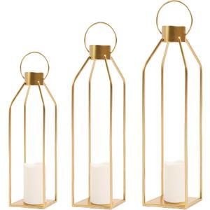 HPC DECOR Modern Farmhouse Lantern Decor- 22''19''16''Tall Large Gold Metal Candle Lanterns for Home Decor-Lanterns Decorative w/Timer Flickering Candles for Living Room, Outdoor, Fireplace Mantle Decor