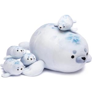 IKASA Mommy Seal Stuffed Animal Mom and Baby Plush Toy, Cute 16" Soft Small Mama Family Set Cuddly Toys with Little Mini Babies, Gifts for Kids