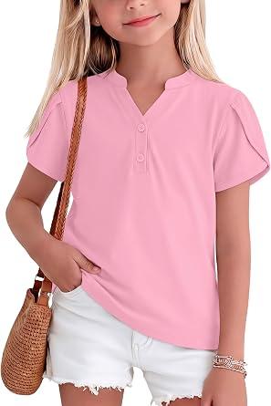 LessonZoo Girls Petal Short Sleeve T-Shirt V-Neck Button Top Solid T Shirts Summer Casual Tee (13-14 Years,Light Pink)