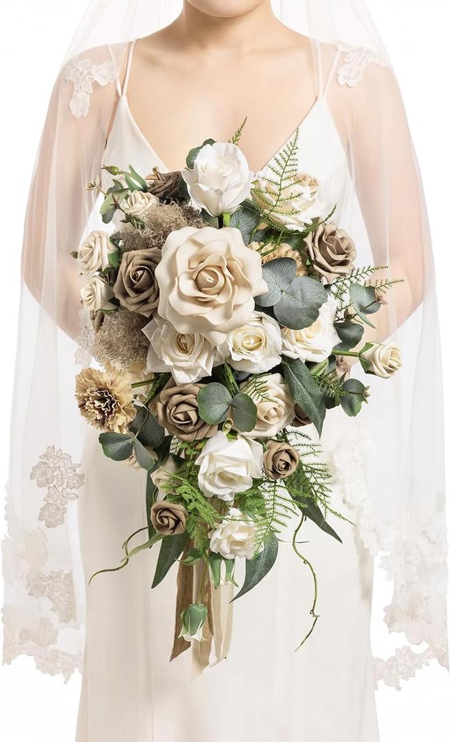 Ling's moment Intimate Brown Bridal Bouquet Cascading, Beige Wedding Bouquets for Bride, 13 Inch Bride Bouquets for Wedding Artificial Flowers Bouquets