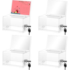 4 Pcs Donation Box, Clear Acrylic Raffle Ticket Boxes with Slot Tip Box with Lock and Sign Holder Suggestion Ballot Boxes for Fundraising Donation Voting Raffle Secure Storage, 6.1'' x 4.3'' x 3.8''