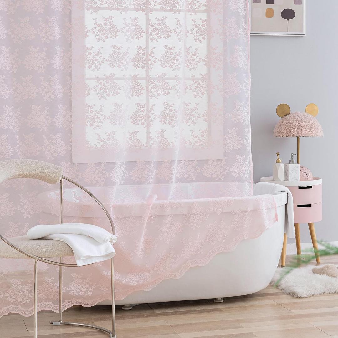 TUDECO Pink Lace Shower Curtain Long 84 Inch with Attached Valance, Floral Cute Girly 72x84 Inch Shower Curtain for Bathroom Modern Farmhouse Boho Bathroom Curtains, 72W x84 L, Pink