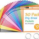 GNL Dry Erase Pocket Sleeves 30 Packs, Reusable Clear Plastic Ticket Holders with Rings, Durable & Easy-to-Erase Sheet Protectors, Assorted Colors 10x14 Inch for Classroom & School Teacher Supplies
