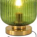 Mid Century Modern Table Lamp Green Table Lamp Dimmable Ribbed Glass Bedside Lamp Modern Globe Desk Lamp Small Vintage Nightstand Lamp with Plug-in Style for Bedroom Living Room Office