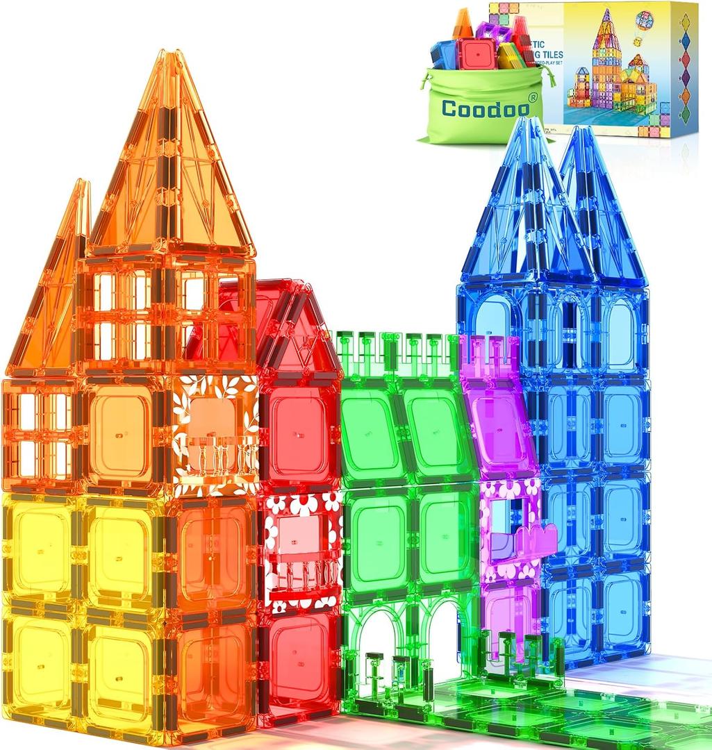 Coodoo 60 PCS Magnetic Building Tiles Kids Toys STEM Magnetic Blocks Sensory Toys Kids Games Magnet Building Toy for Boys and Girls Aged 3+, Kid Brain Development Preschool Kindergarten Toddler Toy