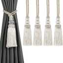 Curtain Tiebacks with Tassel, Outdoor Elegant Decorative Curtain Holdback,Modern Rope Window Curtain Ties Backs for Draperies with Hooks 2 Pack (4, Beige)