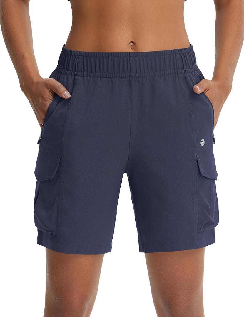 baleaf Women's 7'' Hiking Shorts Lightweight Water Resistant Athletic Golf Cargo Shorts with Zipper Pockets Quick Dry Summer (X-Large, Navy Blue)