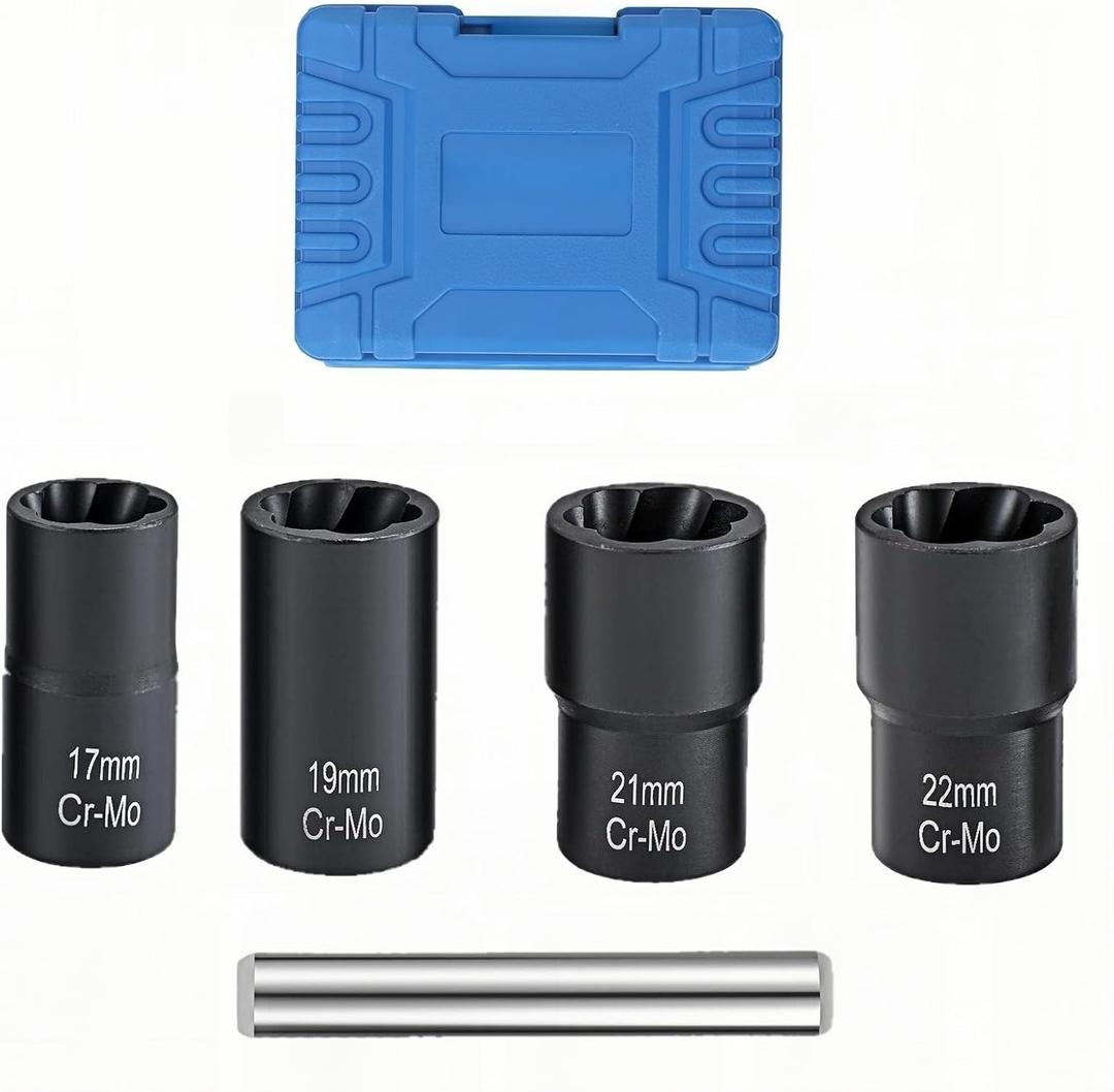 5PCS Lug Nut Removal Tool, 17/19/21/22MM Impact Bolt Extractor Set, CR-MO Steel Wheel Lock Removal Kit for Damaged/Rusted Nuts, Compatible with 1/2" Drive Impact Wrench