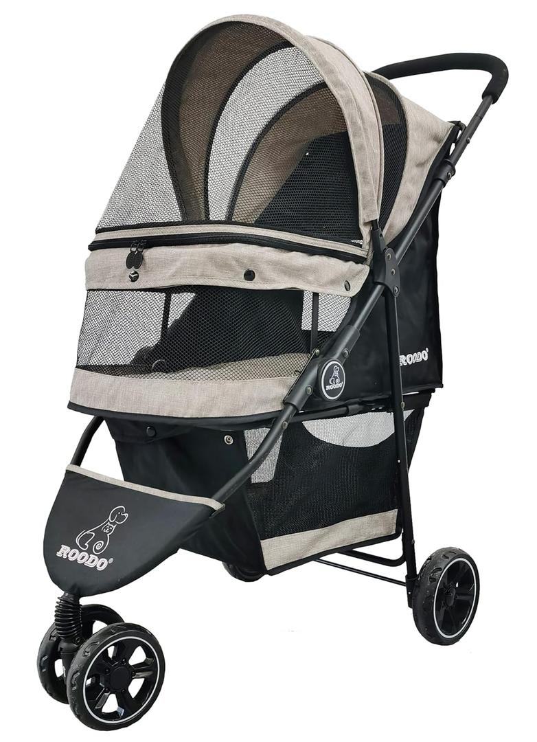 ROODO 3 Wheel Dog Pet Cat Stroller Best Lightweight Foldable Compact Portable Jogger All Terrain Travel Pet Gear Puppy Kitty Stroller for up to 30lbs Medium Small Dogs and Cats(Light Khaki) (Light khaki)