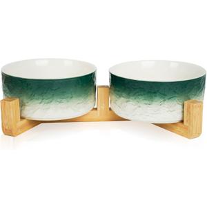 YOBRO Elegant Dog Bowls Set for Medium Dogs, Beautiful Ceramic Stone Alike Style, Pet Bowl Set with Wooden Stand, Non-Slip, Modern Food or Water Breeds Dishs, Gifts for Dog Owners, Green