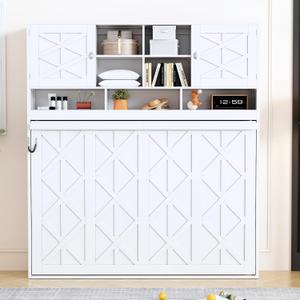 GDFStudio Queen Size Modern Wall Murphy Bed with Storage Cabinet, Hydraulic Lift Wall Bed, Space Saving Foldable Bed Frame with Decorative Diamond Panels for Guest Room, White